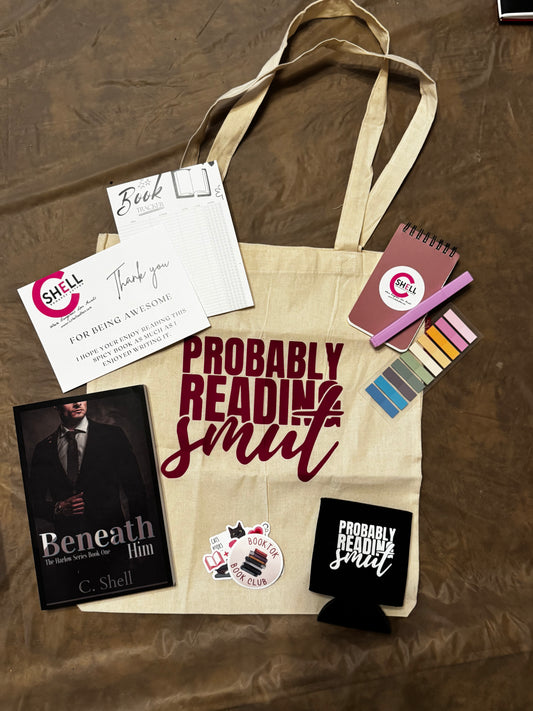 Beneath Him Signed Paperback Gift Bundle with tote, koozie, and author swag.